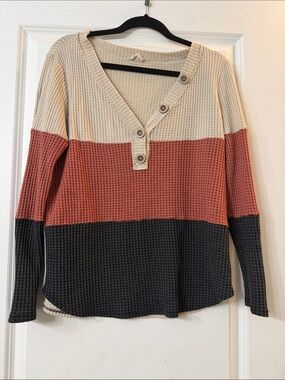 Bibi Colorblock Waffle Knit Henley- Cream, Rust & Black